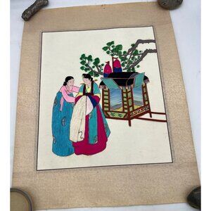 Vintage Korean Silk Embroidery Hanbok Wedding Scene with Gama Palanquin Panel